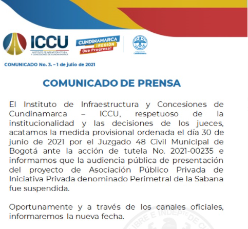 Comunicado de prensa sobre audiencia pública del proyecto APP de iniciativa privada Perimetral de la Sabana