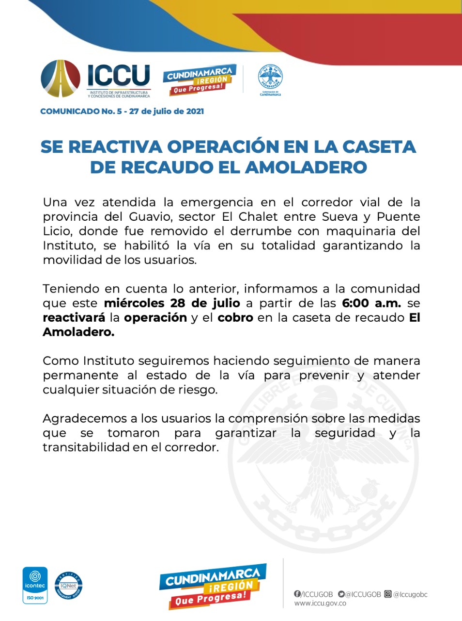 SE REACTIVA OPERACIÓN EN LA CASETA DE RECAUDO EL AMOLADERO
